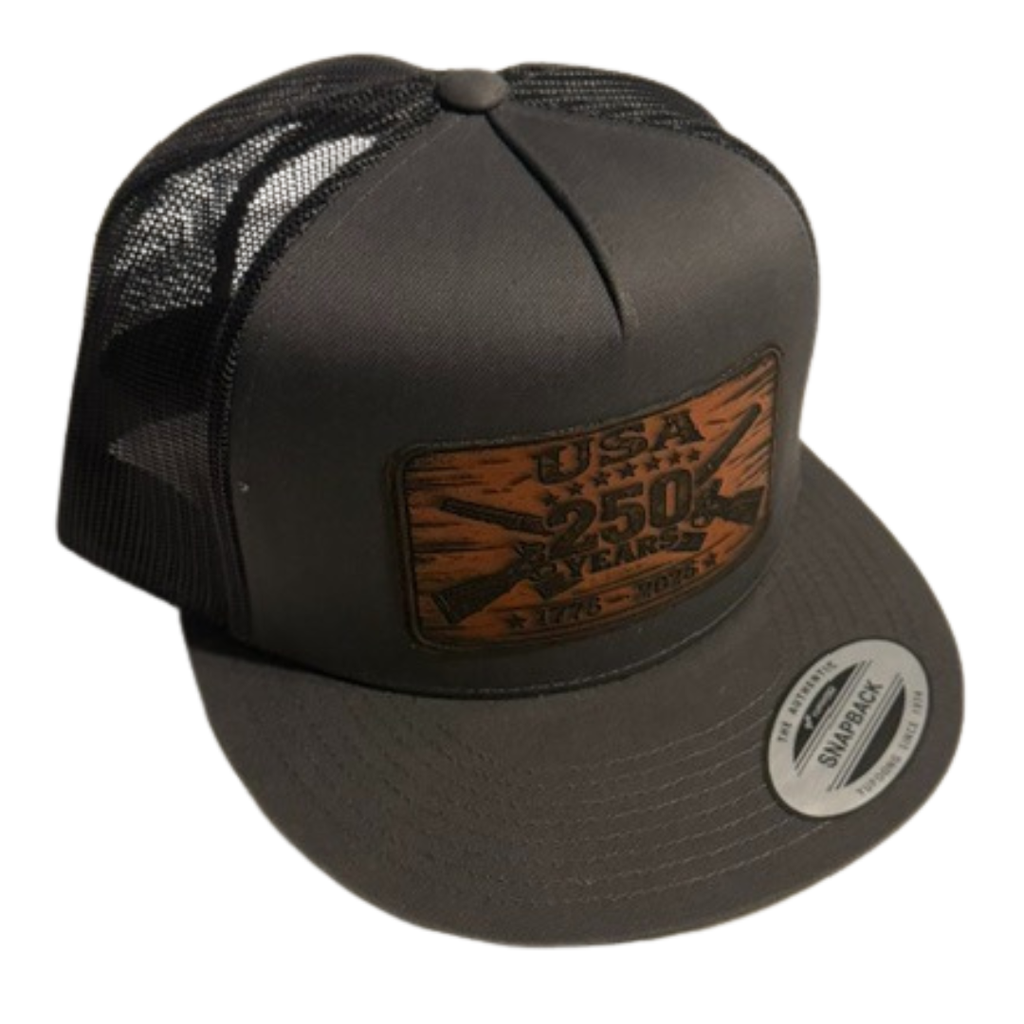 USA 250 Years Leather Patch Trucker Hat – 1776–2026 Heritage Edition (Black)