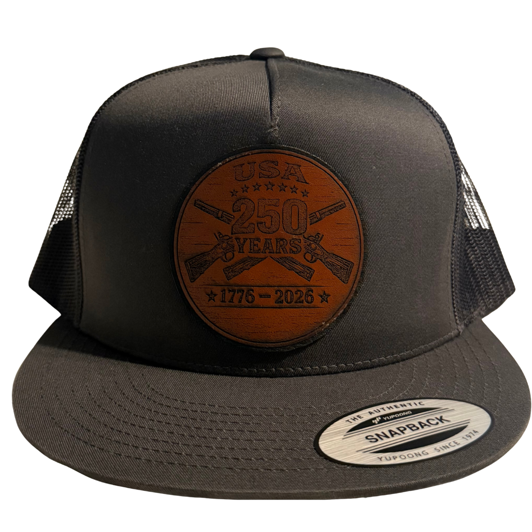 USA 250 Years Leather Patch Trucker Hat – 1776–2026 Patriotic