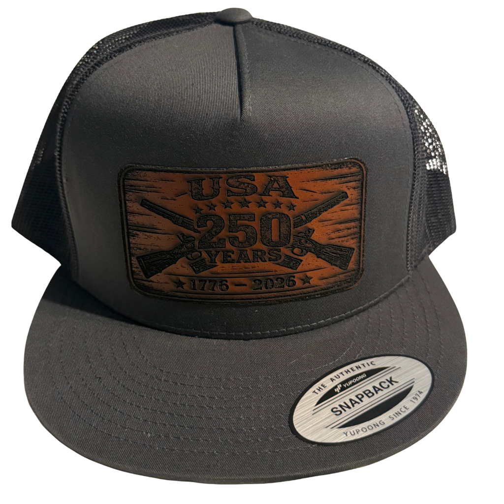 USA 250 Years Leather Patch Trucker Hat – 1776–2026 Heritage Edition (Black)