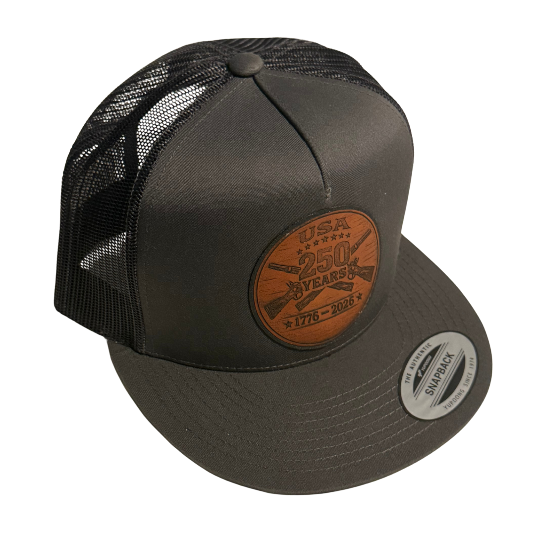USA 250 Years Leather Patch Trucker Hat – 1776–2026 Patriotic