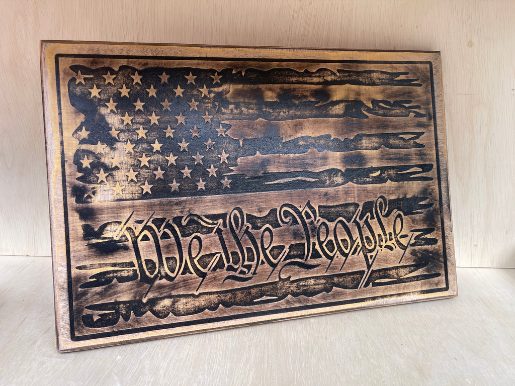 We The People Distressed Flag Wooden Sign